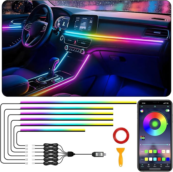 Acrylic Interior Car LED Strip Lights, USB Dreamcolor (6 in 1) | Acrylic LED Lights for Car with Wireless APP and Button Control, RGB Dynamic Chasing, Music Sync Ambient Lighting Kits by SAMGCHI