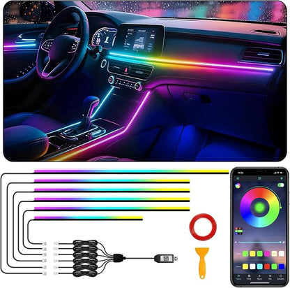 Acrylic Interior Car LED Strip Lights, USB Dreamcolor (6 in 1) | Acrylic LED Lights for Car with Wireless APP and Button Control, RGB Dynamic Chasing, Music Sync Ambient Lighting Kits by SAMGCHI
