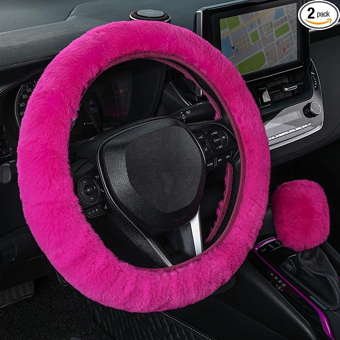 SEG Direct Furry Steering Wheel Cover, Fluffy Fuzzy Gear Shift, Magenta | Gear Shift Cover, 2 PCS Set, Soft and Warm, Cute Fur Auto Car Decor, Standard Size 14.5- 15 inch for Women Men by SEGDirect