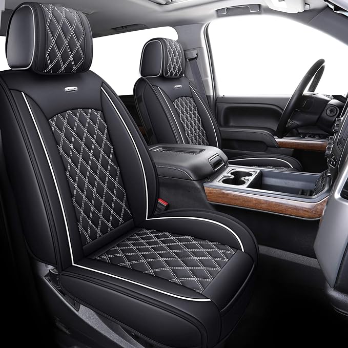 Front Seat Covers Chevy Silverado GMC Sierra 2007-2026 1500 2500HD 3500HD | Aierxuan 2 Seat Protectors Custom Fit Truck Pickup Trail Boss Z71 Crew Double Extended Cab Waterproof Leather Black-White - Image 2