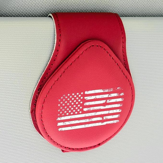 American Flag - Car Sunglass Holder, Magnetic Leather Eyeglass Hanger Mount Clip Holder for Car Visor Accessories (Wine Red) | Magnetic Leather - Image 2