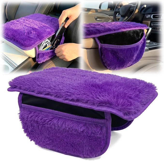 Plush Fuzzy Fur Car Armrest Cover with Side Pockets,Purple | Fluffy Armrest Cushion Pad,Soft Center Console Cover,Car Interior Storage Accessories ,for Most Car Decoration Protector - Image 9