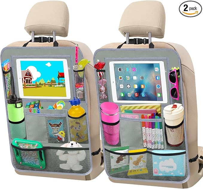 Car Backseat Organizer ，2 Pack Car Organizer Back Seat with 11" Tablet Holder, 10 Storage Pockets Seat Back Protectors Kick Mats for Kids Toddlers, Travel Accessories (Grey) by Zecirl