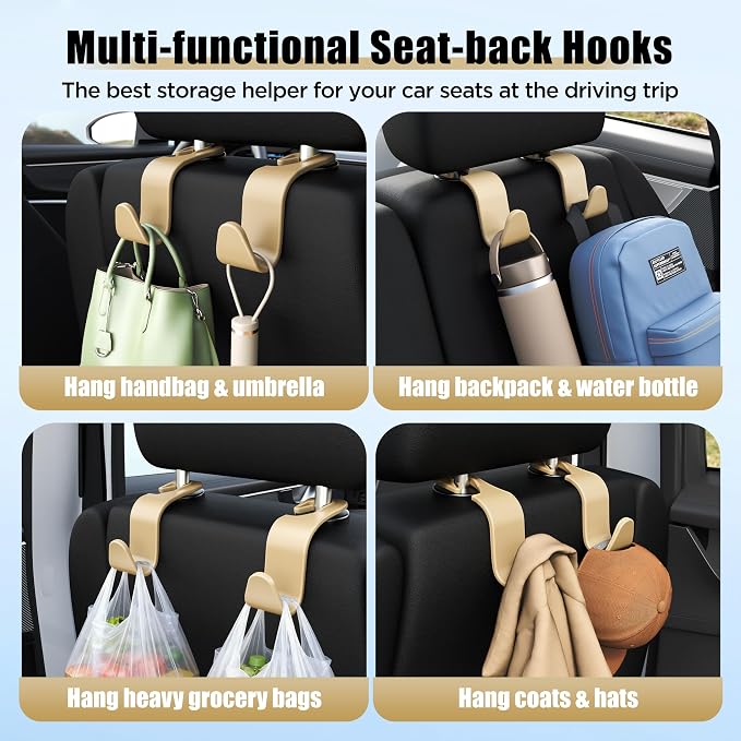 Amooca Car Seat Headrest Hooks 4-Pack Storage Organizer Holds 55 lbs | Universal Fit Most Car/SUV/Truck, Anti-drop, Hanger for Backpack Umbrella Water Bottle Coat Purses Handbags Groceries, Beige - Image 4