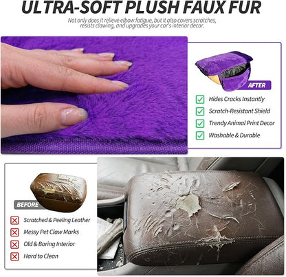 Plush Fuzzy Fur Car Armrest Cover with Side Pockets,Purple | Fluffy Armrest Cushion Pad,Soft Center Console Cover,Car Interior Storage Accessories ,for Most Car Decoration Protector - Image 4