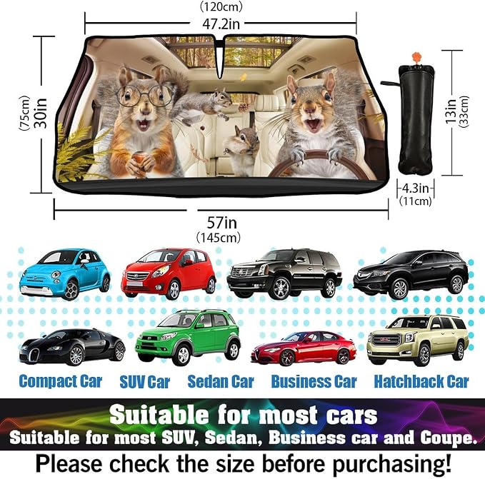 CHILL·TEK Funny Animal Car Windshield Sun Shade Umbrella, Funny Squirrel Car Sun Shade Umbrella, Block UV Rays Heat Foldable Windshield Umbrella Sun Visor Protector - Keep Vehicle Cool for Cars SUV - Image 6