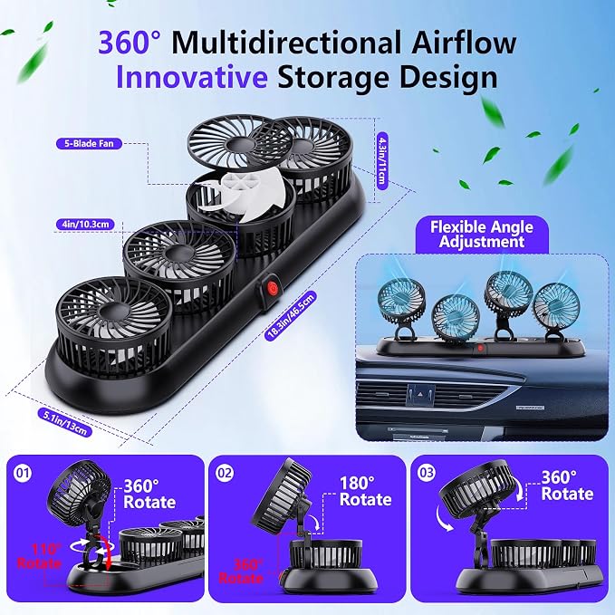 4-Head Car Fan,3-Speed Adjustable Car Cooling Fan for Vehicle,360°Rotatable Portable Cooling Fans for Car,USB/12V Cigarette Lighter Powered,Powerful Airflow for SUV Rv Sedan Van Boat - Image 3
