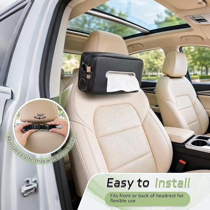 Car Tissue Box Holder PU Leather Car Organizer with Side Storage Pockets | Tissue Box Cover, Fits 120-160 Standard Rectangular Tissue Boxes, Large Capacity Backseat Tissue Organizer for Car SUV Truck - Image 6