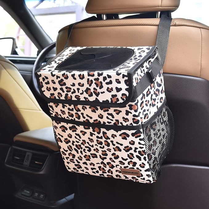 SIBOFUEGO Cute Car Trash Can with Lid – Multipurpose Collapsible Trash Bin for Car, Leak-Proof Organizer, Waterproof Garbage Can with Storage Pockets & Adjustable Straps, 2 Gallons (Leopard Print) - Image 7