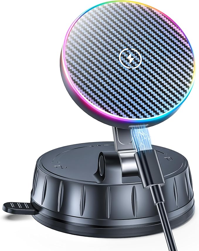 15W MagSafe Car Charger Mount, Magnetic Wireless Car Phone Holder with Dual Input Port, Vacuum Suction & Nano Adhesive Base, 360° Rotation Stable Car Charging Stand for iPhone 12-17, Samsung S26 by FastandSafeCharging