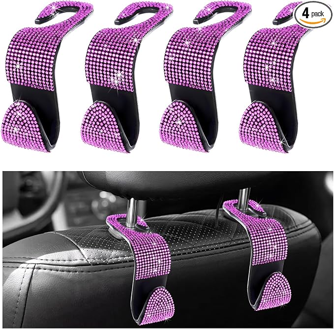 4 PCS Car Seat Headrest Hooks, Bling Crystal Rhinestone Back Seat Hanger Storage Organizer, Sparkly Seatback Holder Hooks for Purse and Bags Universal For Most Vehicles (Pink) by Unknown
