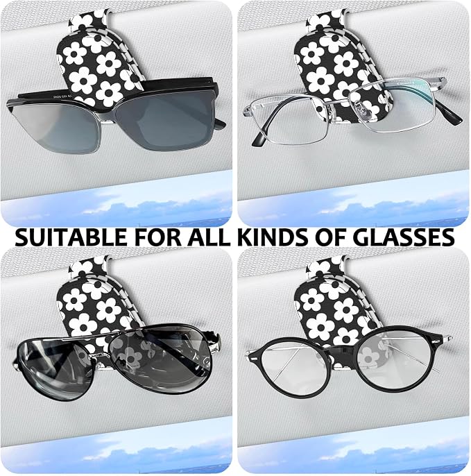 2 Pack Magnetic Leather Sunglass Holder, Universal Magnetic Car Eyeglass Hanger Clip for Different Size Eyeglasses, Car Visor Accessories (Black White Floral) - Image 5