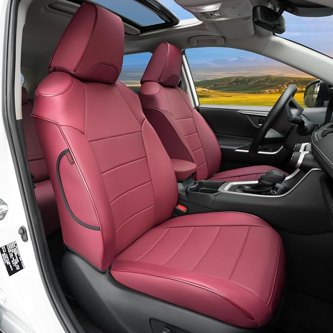 Lolcar RAV4 Seat Covers Custom Fit for Toyota RAV4 2019 2020 2021 2022 2023 2024 2025 LE,XLE,XLE Premium,Limited,Airbag Compatible,Seat Cover Full Set for SUV, Waterproof Leather(Burgundy) by LOLCAR