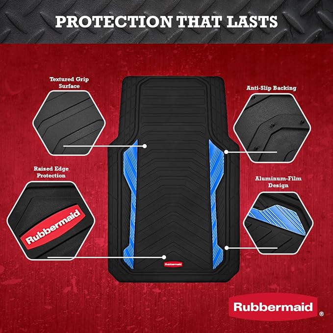 Rubbermaid Car Floor Mat, Heavy Duty All-Weather Car Mats Full Set with Dual-Tone Blue Aluminum Inserts – Universal Fit, Anti-Slip Backing, Trim-to-Fit for Most SUV, Sedan, Van - Image 3