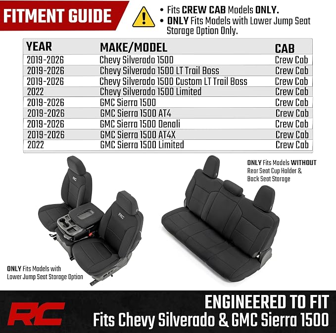 Rough Country Neoprene Seat Covers for Chevy Silverado & GMC Sierra 1500 (2019-2026) w/No Rear Seat Storage or Cup Holder - Waterproof & UV Resistant, Foam Padded, Front & Rear Row Cover Set - Image 4