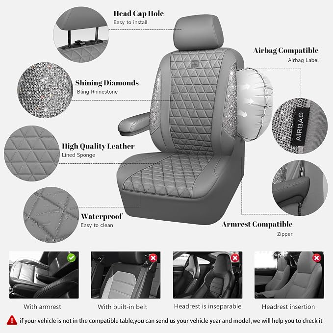 CAR PASS Bling Diamond Gray Leather Car Seat Covers Full Sets Interior Sets, Waterproof Shining Glitter Sparkly Crystal Universal Armrest Fit for Automotive Truck SUV Cute Women Girl, Gray Rhinestone - Image 3