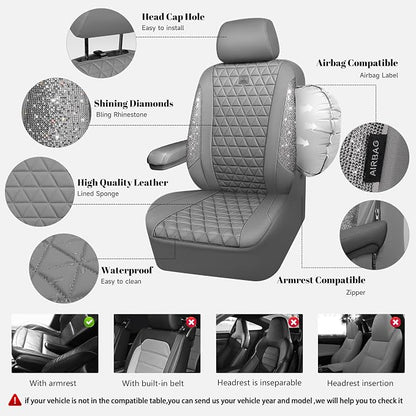 CAR PASS Bling Diamond Gray Leather Car Seat Covers Full Sets Interior Sets, Waterproof Shining Glitter Sparkly Crystal Universal Armrest Fit for Automotive Truck SUV Cute Women Girl, Gray Rhinestone - Image 3