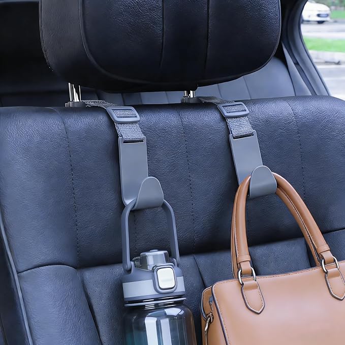 4-Pack Universal Car Headrest Hooks Anti-drop Seat Back Organizer for Bags | Adjustable Nylon Straps, Heavy-Duty Holds 40 lbs, Thickened ABS, Hanger for Handbag Backpack Groceries Water Bottle, Gray - Image 3