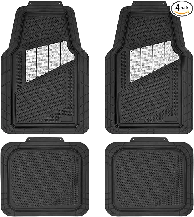 CAR PASS Heavy Duty Rubber Floor Mats 4-Piece Bling Car Mats Full Set - Universal Waterproof Floor Mats for SUV Truck, Durable All Weather Car Mats, Automotive Mats for Women Glitter Silver by CARPASS