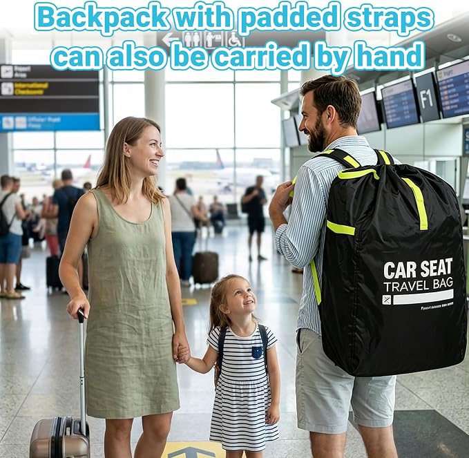 Foldable Car Seat Travel Bag, Zippered with Backpack Straps and Drawstring | Foldable zippered travel bag for car seat with backpack straps and drawstring closure. Compact for flight carry. - Image 5
