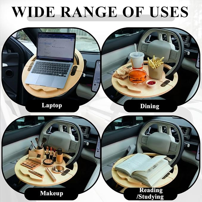 Outus 2 in 1 Car Steering Wheel Tray Steering Wheel Desk for Laptop Wooden Car Table Foldable for Eating Food Writing Work Multipurpose Travel Cars Accessories - Image 4