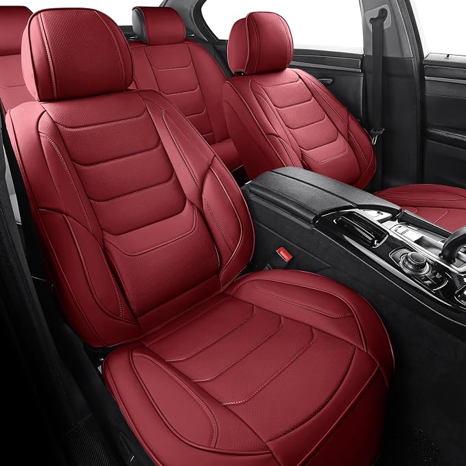Leather Car Seat Covers Full Set Automotive Seat Protectors | Breathable Waterproof Durable Full Surround & Lumbar Support Design Non-Slip Universal Fit for Most Cars SUVs Trucks Vans Red - Image 2