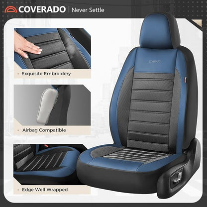 Coverado Car Seat Covers Front Seats, Luxury Leather Car Seat Covers, Automotive Mesh Seat Covers 2 Pack, Airbag-Compatible, Black Blue Seat Covers for SUV Sedan Truck - Image 4