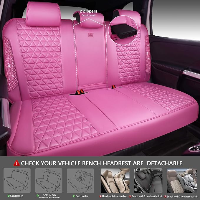 CAR PASS Hot Pink Bling Diamond Leather Car Seat Covers Full Sets, Waterproof Shining Glitter Sparkly Crystal Universal Armrest Fit for Automotive Truck SUV Cute Women Girl,Hot Pink Rhinestone - Image 6