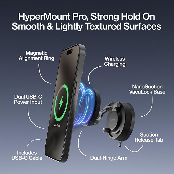 Statik HyperMount Pro Magnetic Charging Phone Holder for iPhone and Android | 15W Wireless Charging, Nano-Suction VacuLock Grip, 360° Rotation, Compatible with MagSafe, Metal Rings for Android - Image 2