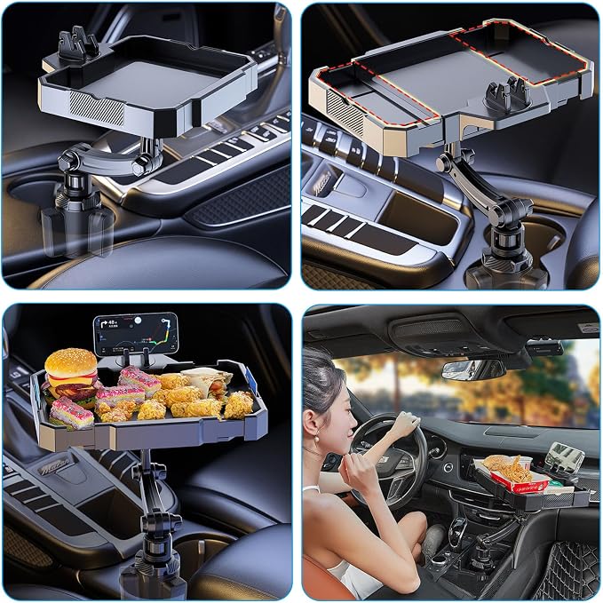 360° Rotating Car Cup Holder Tray 9-11 Inch Expandable Table w Phone Holder | Portable Car Snack Tray , Great for Coffee, Burgers & Snacks, Must-Have Road Trip Essential for Travel - Image 7