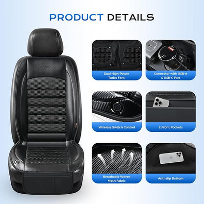 Coverado Cooling Car Seat Cushion, Ventilated Seat Cover with 2 Turbo Fans, Cooling Car Seat Covers Cooled Seat Pad Universal Fit for Most Car SUV Truck, Black - Image 2