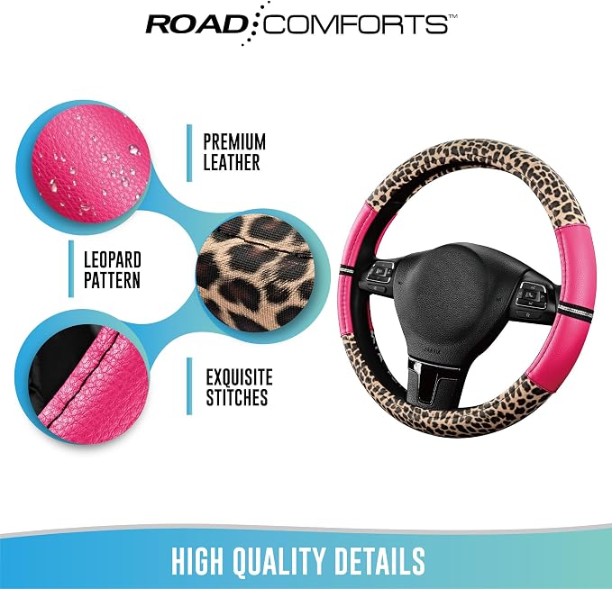 Road Comforts Leopard Steering Wheel Cover for Women, Cute Anti-Slip Microfiber Leather, Universal Fit 14.5-15 Inch Round Steering Wheel - HotPink - Image 7