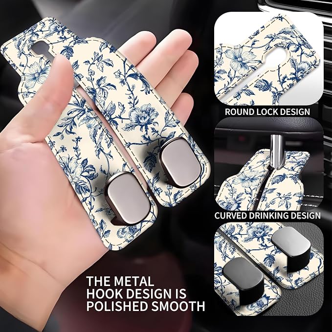 Car Seat Back Storage Headrest Hook, Premium Leather Double Metal Hook, Hanger Storage Organizer for Purse Cloth Bag, Car Interior Accessories Luxury Blue Flowers - Image 3