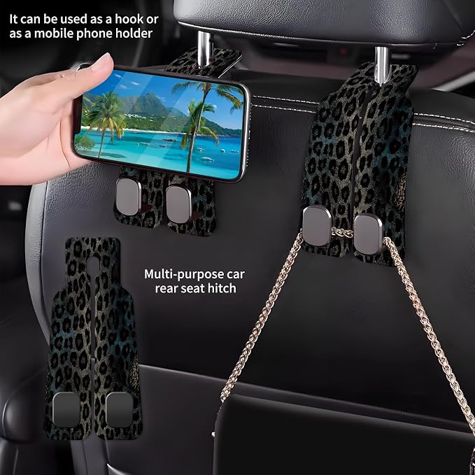 Car Seat Back Storage Headrest Hook, Premium Leather Double Metal Hook, Hanger Storage Organizer for Purse Cloth Bag, Car Interior Accessories Luxury Cool Leopard - Image 2