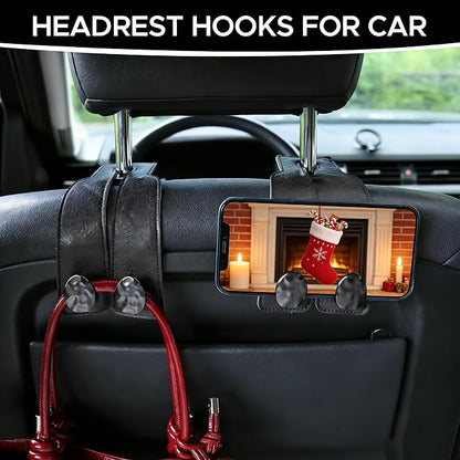 2PCS Leather Car Seat Hooks for Headrest, Vehicle Hanger Storage Organizer Universal for Handbag Purse, Car Accessories Gift (Black-Black) - Image 3