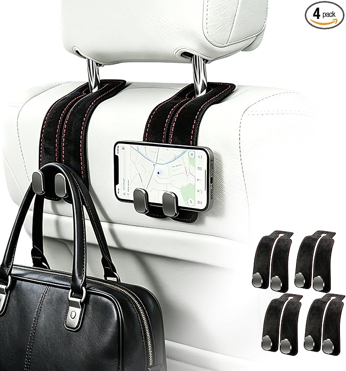 SUKIPIN Car Hooks, Car Seat Headrest Hooks for Purses and Bags 4-Pack Black | Car Accessories for Women, Solid Durable Construction, Quick Tool-free Mounting, Universal Fit for Most Vehicle Headrests by SUKIPINDirect