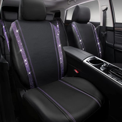 CAR PASS Bling Diamond Car Seat Covers Full Set,Shining Rhinestone Waterproof Faux Leather,Rear with Zipper,Universal Fit Automotive Glitter Crystal Sparkle Strips for Women,Violet Purple Rhinestone - Image 2