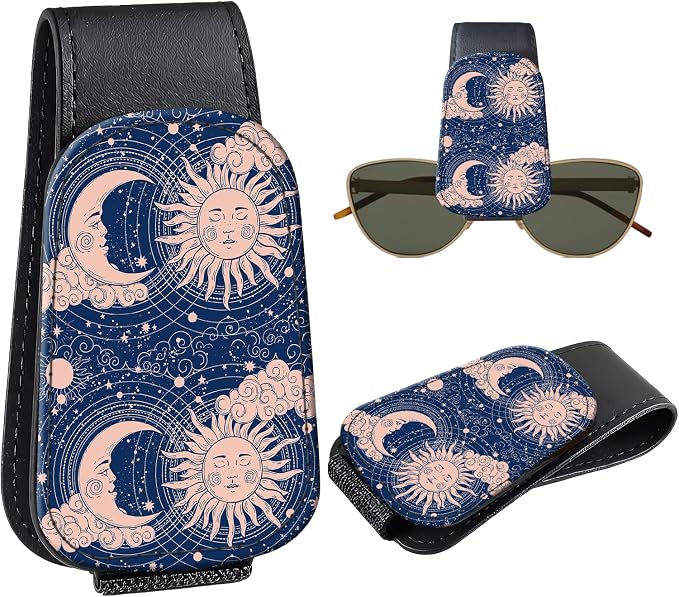 Leather Magnetic Sunglass Holder for Car Sun Visor, Cute Eyeglass Ticket Card Hanger Clip, Universal Auto Interior Accessories for SUV Pickup Truck, Sun Moon by Unknown