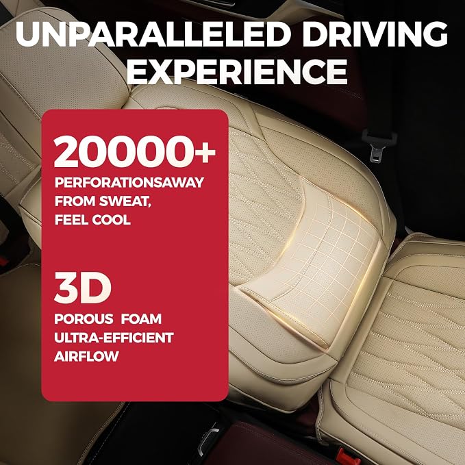 FREESOO Car Seat Covers Full Set Faux Leather Universal Fit Beige | faux nappa leather seat covers, waterproof breathable, full set lumbar support, front rear covers, fit sedans suvs pickups - Image 3