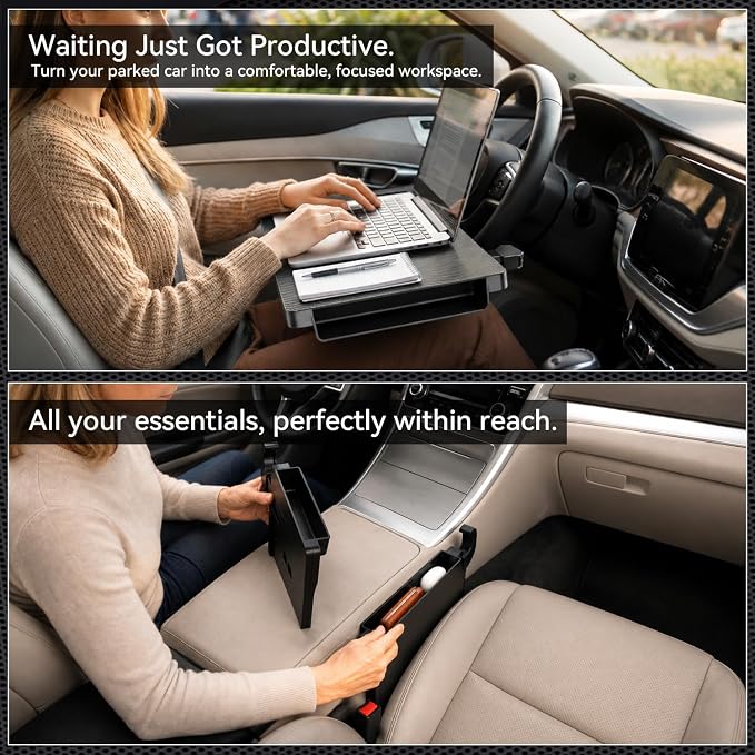 XOOL 2-in-1 Car Steering Wheel Tray & Car Seat Gap Filler Organizer, Foldable Adjustable Car Desk for Laptop, Eating Food, Writing, Steering Wheel Desk Tray for Cars, SUVs & Trucks - Image 7