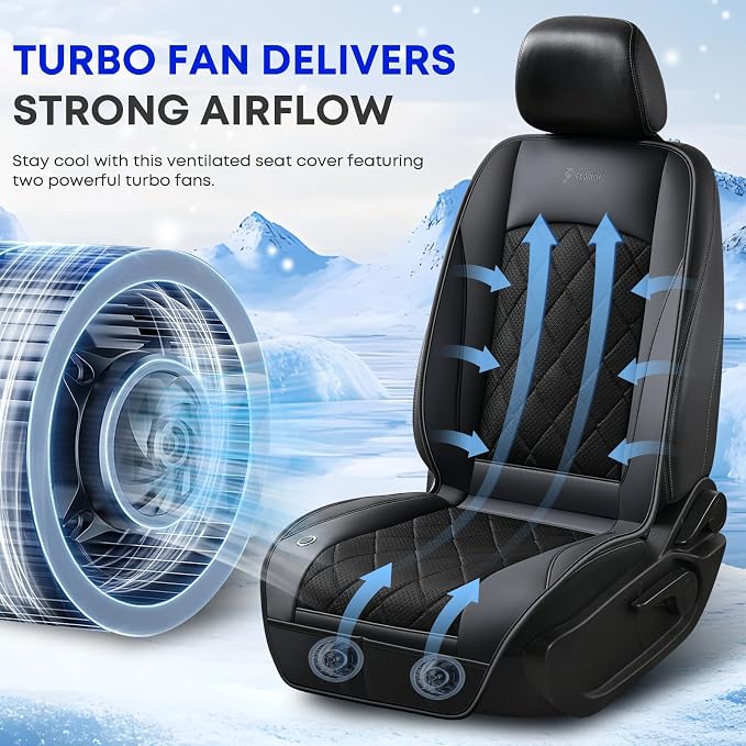 [2026 Upgrade] Cooling Car Seat Cover Ventilated Seat Cushion Summer Driving 12V-24V Ventilated Car Seat Cushion with 2 Powerful Turbo Fans with 3-Speed Adjustable Universal Fit Most Car-Black - Image 5