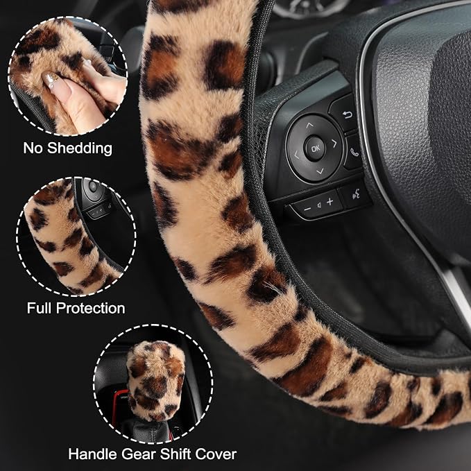 SEG Direct Fluffy Furry Steering Wheel Cover Fuzzy Gear Shift, Leopard | Gear Shift Cover, 2 PCS Set, Soft and Warm, Cute Fur Auto Decor, Standard Size 14.5- 15 inch for Women Men, Brown Leopard - Image 4