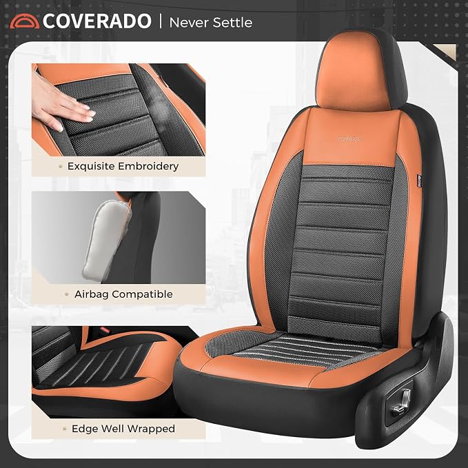 Coverado Car Seat Covers Front Seat, Luxury Leather Car Seat Protector, Automotive Front Mesh Seat Covers, Orange&Black Seat Cushion for SUV Sedan Truck - Image 4
