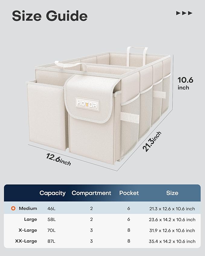 HOTOR Trunk Organizer - Foldable Car Organizer for SUVs & Sedans Storage | Sturdy Car Organization for Men & Women, Car Accessories, Tools, Sundries, Beige, 2 Compartments, 21.3" x 12.6" x 10.6" - Image 2