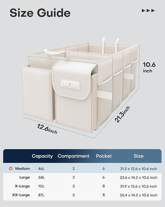 HOTOR Trunk Organizer - Foldable Car Organizer for SUVs & Sedans Storage | Sturdy Car Organization for Men & Women, Car Accessories, Tools, Sundries, Beige, 2 Compartments, 21.3" x 12.6" x 10.6" - Image 2