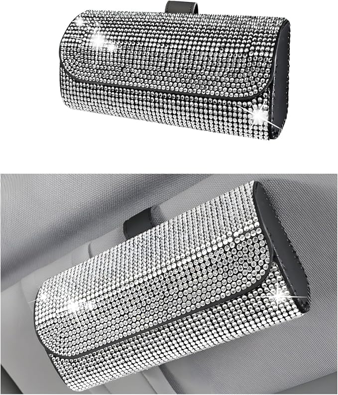 Ohleats Bling Sunglasses Holder for Sun Visor, Sparkling Glasses Sun Visor Organizer Case with Hidden Magnetic Closure, Auto Visor Crystal Eyeglasses Storage Case, Car Accessories (Bling White) by Ohleats