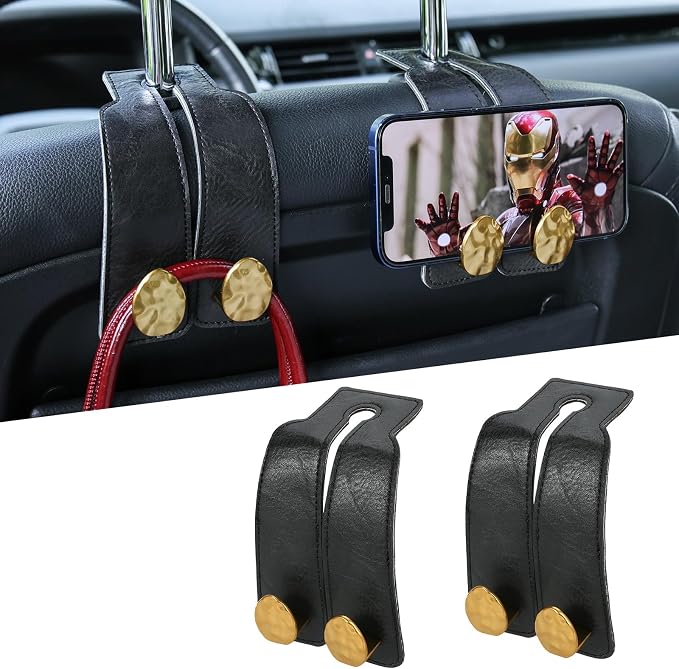 Leather Car Purse Hook for Headrest, 2 Pack, Black-Gold | Twin Hooks Headrest Hangers, 2/4 Pack, No-Slip, Scratch-Proof, Holds Purses, Backpacks, Grocery Bags, Car Organizer Gift by Fashion