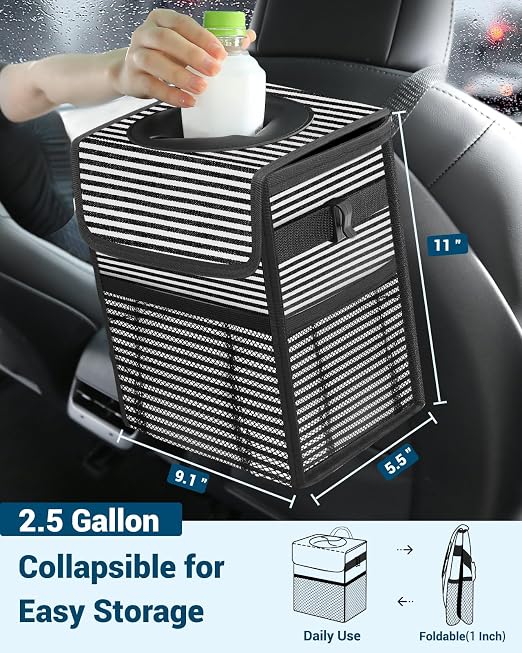 Capolo Car Trash Can with Lid, Leakproof Car Garbage Can Car Trash Bag | Waterproof, Trash Can for Car, 3 Mesh Pockets, Mini Hanging Vehicle Car Trash Bin, for Back/Front Seat (Stripe,2.5 Gal) - Image 2