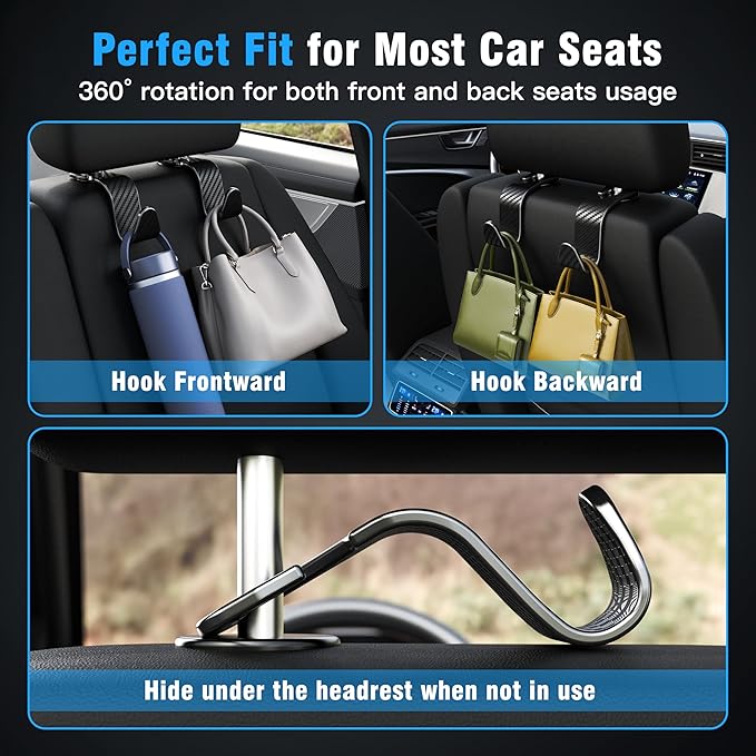 4-Pack Car Headrest Hooks Holds 55lbs Seat Storage Organizer for Bags | Durable ABS Material, 360° Rotating, Car Hanger for Backpack Umbrella Water Bottle Coat Handbags Groceries, Checkered Black - Image 3