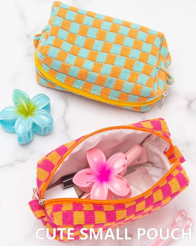 Checkered Makeup Bag for Purse, Small Cosmetic Pouch,Red Orange,2 Pack | Cute Zipper Makeup Organizer for Women, Travel Essentials, Toiletries, Makeup Brushes, Beauty Accessories&Bridesmaid Gifts - Image 5